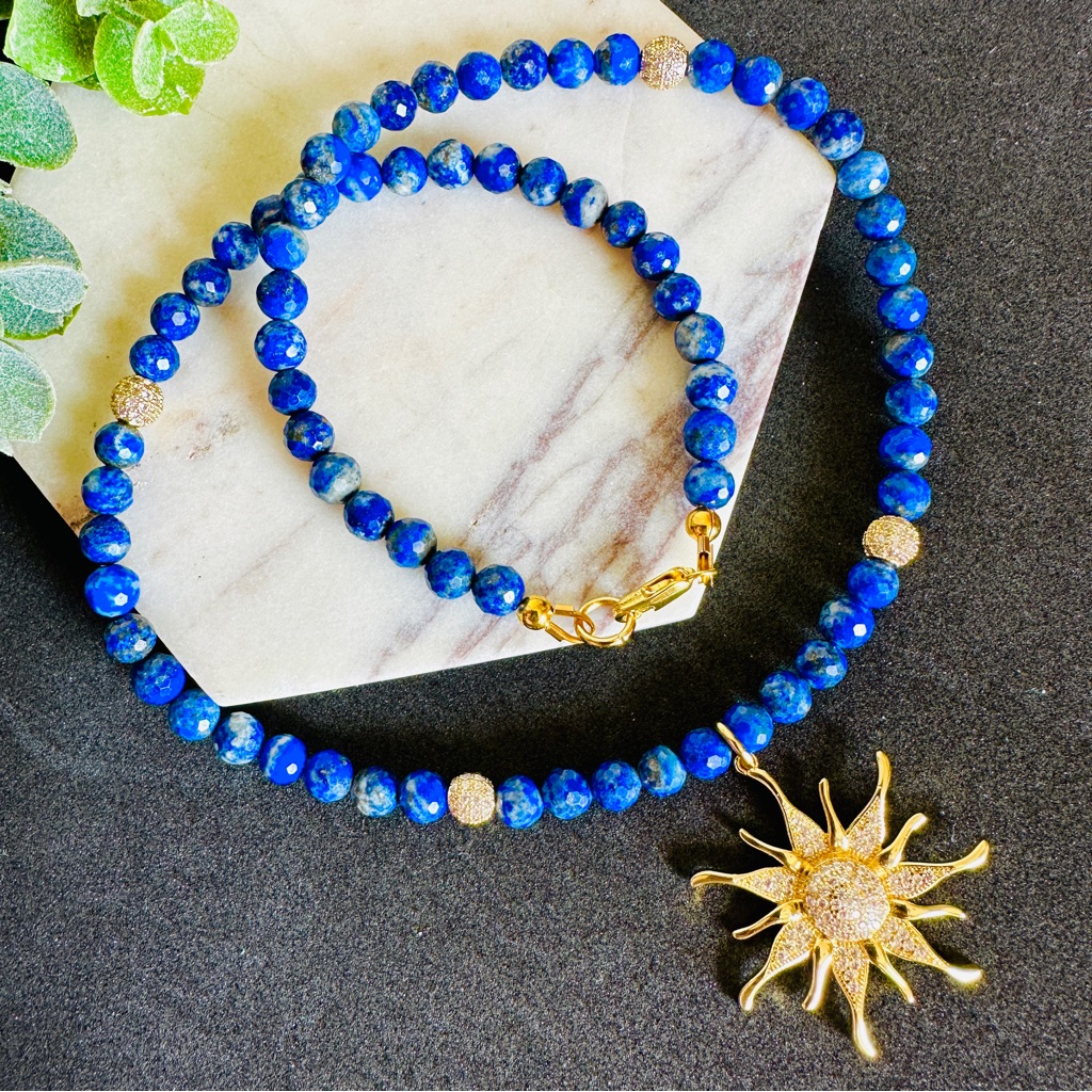Sun Pendant And Lapis Lazuli Beaded Necklace